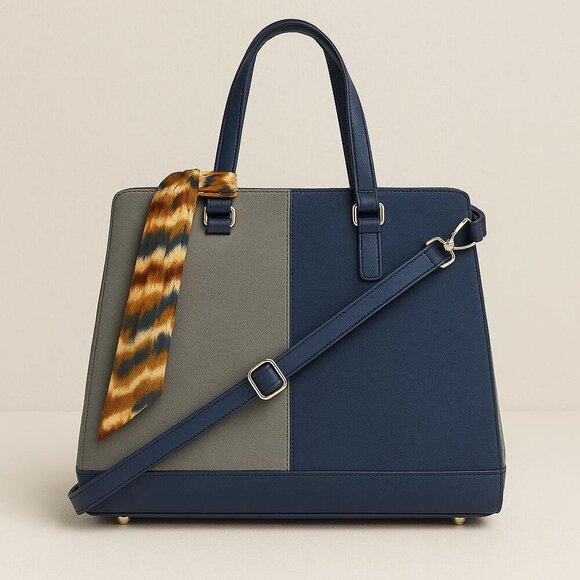 David Jones Paris Handbags - Colorblock Suede & Faux Leather Tote Bag with Scarf Accent – Navy & Gray